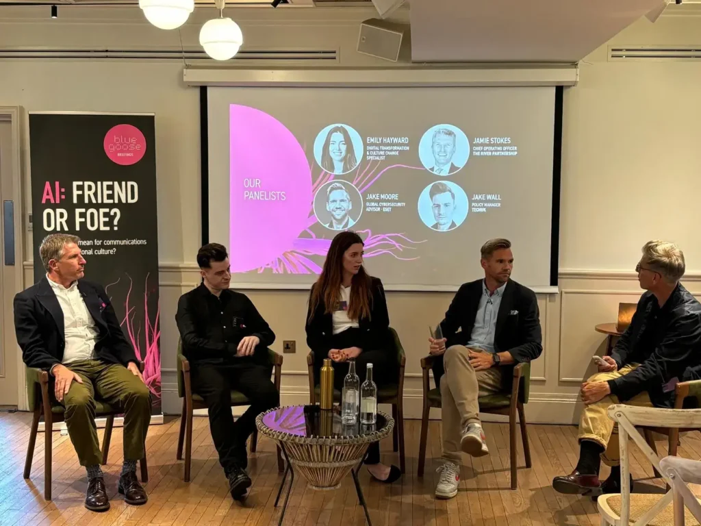 The panel of the BG Briefing on AI, including blue goose managing director Ben Watson, Jake Moore, Emily Hayward, Jake Wall and Jamie Stokes.